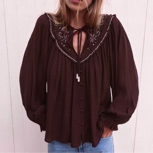 Zara Embroidered Peasant Blouse with Bead Detail - Dark Burgundy